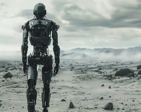 Explore a rear view of a futuristic android with gleaming metal limbs embodying horror thrills amidst a desolate wasteland Incorporate unexpected camera angles to intensify the eer