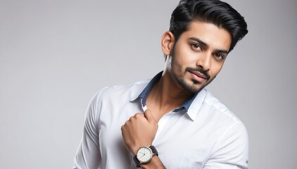 Obraz premium handsome charming indian male model studio portrait on plain white background from Generative AI