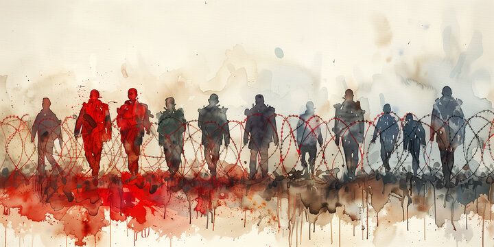 Refugees behind barbed wire, exile camp, border, illegal immegration, prison fence, human rights and racism 