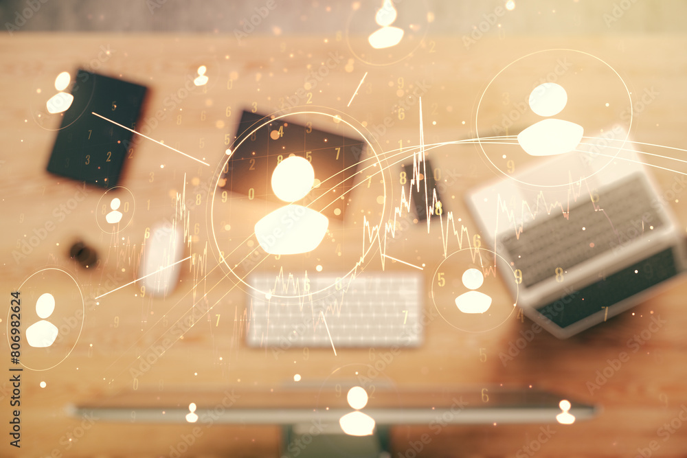Aufkleber Double exposure of social network icons concept with computer on background. Networking concept