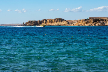 Sharm El-Sheikh, Egypt: Red sea beach coastal mountain view.