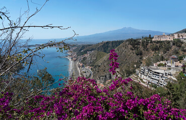 Taormina sea view on Etna volcano, Messina, Italy, Sicily