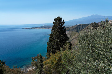 Taormina sea view on Etna volcano, Messina, Italy, Sicily