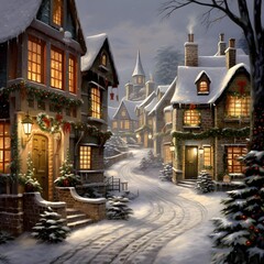 Winter street with houses and Christmas trees in the village. Digital painting.