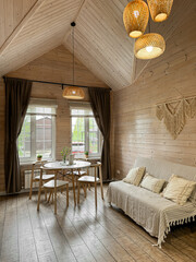 Country house, Sandinavian interior, light wood trim of the house