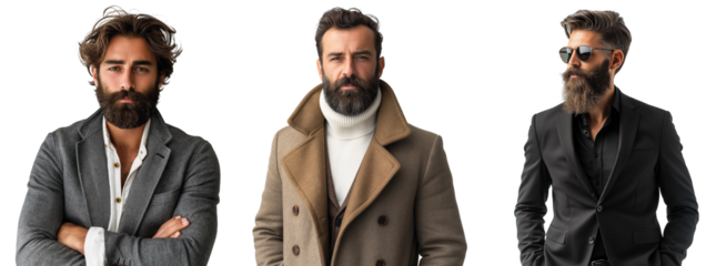 elegant bearded men in stylish attire. fashionable male models with beards, showcasing elegant style in smart casual and business outfits, isolated on a transparent background