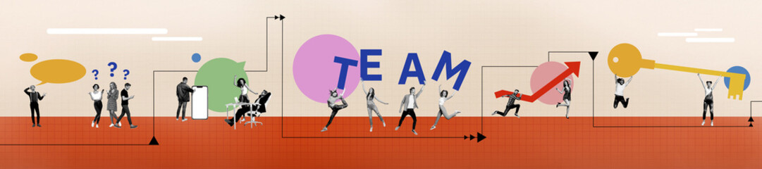 Banner collage picture of funny young people working together coworking teamwork concept isolated...