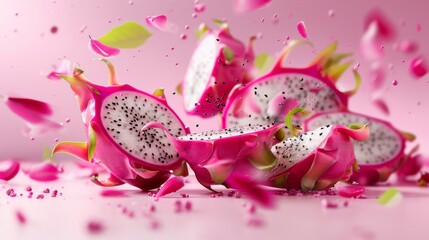 Fototapeta premium Creative visualization poster with dragon fruit pieces defying gravity, set against a clean, uncluttered background for a dramatic effect