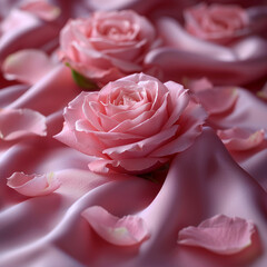 Pink roses and pink rose petals on soft silk. 