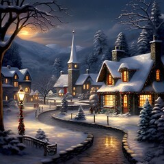 Winter night in the village. 3d rendering, 3d illustration.