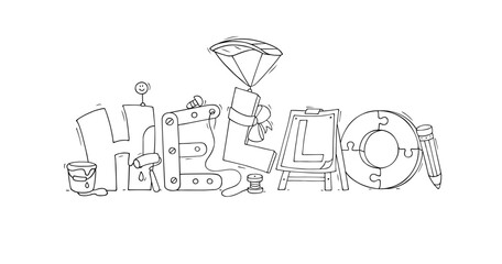 Cartoon word Hello. Doodle cute miniature scene of workers big letters. Hand drawn vector illustration for business and friendship design.