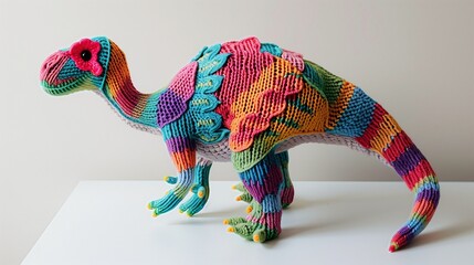 A vibrant, prehistoric-themed knitted toy dinosaur displayed on white for a playful touch.