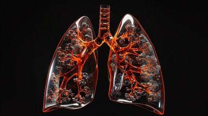 3D illustration of a pair of human lungs with a dark background. The lungs are made of glass and lit from within, casting an eerie glow.