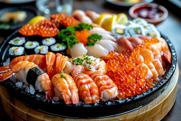 A tray of assorted sushi is displayed on a wooden table