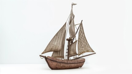 Handcrafted knitted sailboat with detailed nautical theme, presented on white.