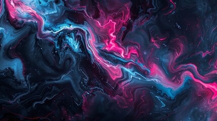 Swirling neon liquids in shades of pink and blue, creating a hypnotic abstract art piece on a dark background.