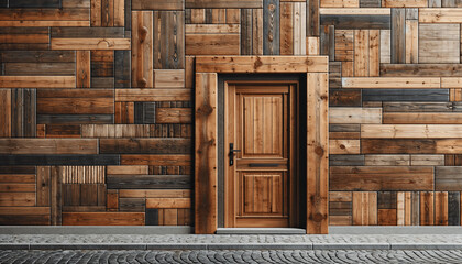 A rustic wooden wall featuring a variety of textured planks in different shades of brown and sizes, creating a visually rich tapestry