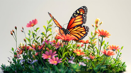3D Flat Icon: Butterfly Landing on Wildflower   Beautiful Interaction of Fauna and Flora in Isometric Scene