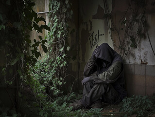 Lone Figure in Hooded Cloak in Abandoned Building