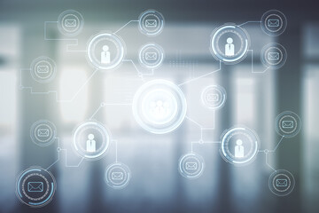 Double exposure of social network icons hologram on empty room interior background. Networking concept