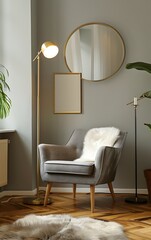 simple and elegant gray wall with an empty picture frame hanging on it, with a stylish chair in front of the photo frame