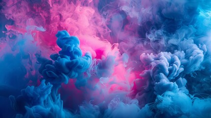 Vivid pink and blue ink clouds merging in water to form an abstract explosion of colors in a dark setting.