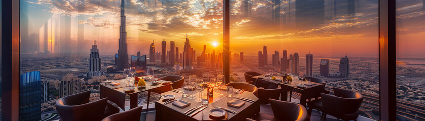 Fine dining experience at a rooftop restaurant at sunset, tables set with silver cutlery and panoramic city views, emphasizing luxuryrealistic photography