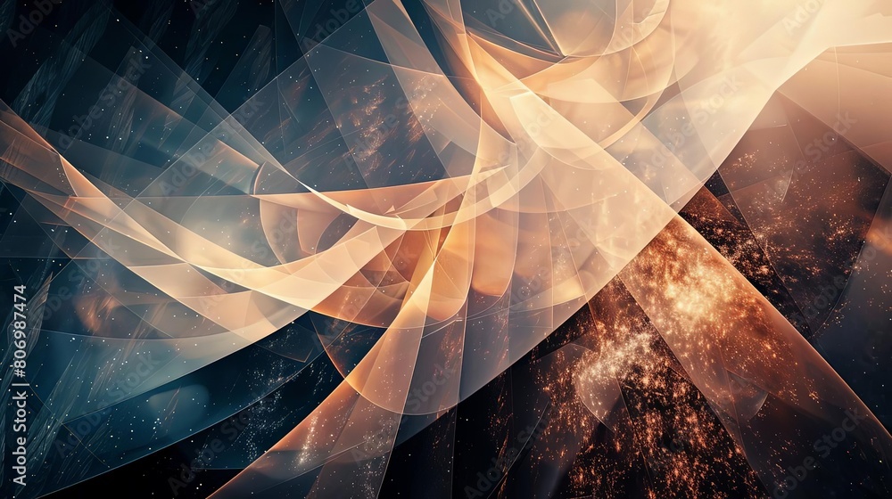 Poster abstract composition with transparent layers and interstellar tones, featuring a circular object, a 