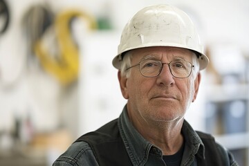 Elderly construction worker in hard hat posing in a wood workshop.