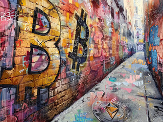 Transform the concept of cryptocurrency markets meeting street art into a visually striking oil painting Experiment with unexpected camera angles to add depth and intrigue