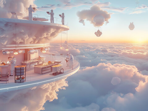 Transport observers to a floating restaurant in the clouds