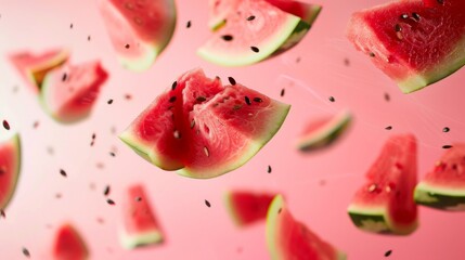 Abstract representation of watermelon pieces cut into various shapes, floating freely, using negative space to enhance visual impact