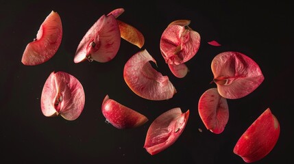 Abstract representation of rose apple pieces cut and floating freely, using negative space to enhance the fruits delicate and watery texture