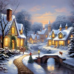 Winter village with houses and bridge in the evening. Digital painting.