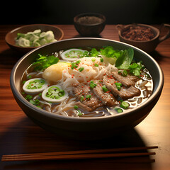 noodle soup with beef and egg on wooden table