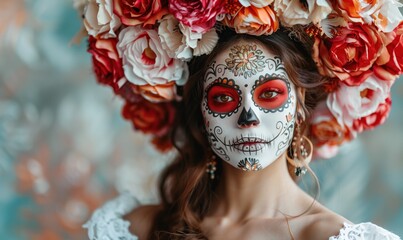 Portrait of a woman with elaborate Day of the Dead face paint and a floral headpiece, embodying festive Mexican culture.