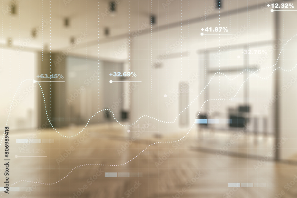 Poster Abstract virtual analytics data spreadsheet on a modern furnished classroom background, analytics and analysis concept. Multiexposure