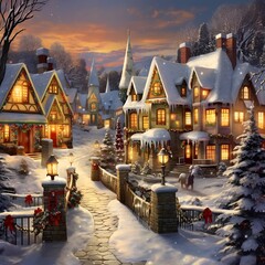Beautiful winter landscape with houses in the snow. Christmas and New Year background.