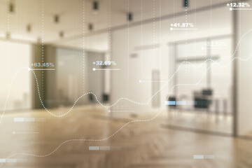 Abstract virtual analytics data spreadsheet on a modern furnished classroom background, analytics and analysis concept. Multiexposure