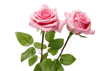 Perfect Pink Rose with Green Leaves Isolated on transparent