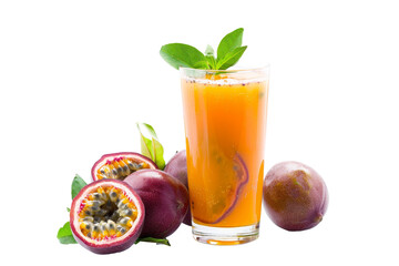 Fototapeta premium Fresh Passion Fruit Juice and Halved Fruits on transparent background