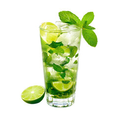 Iced Mojito Cocktail with Fresh Lime and Mint on transparent