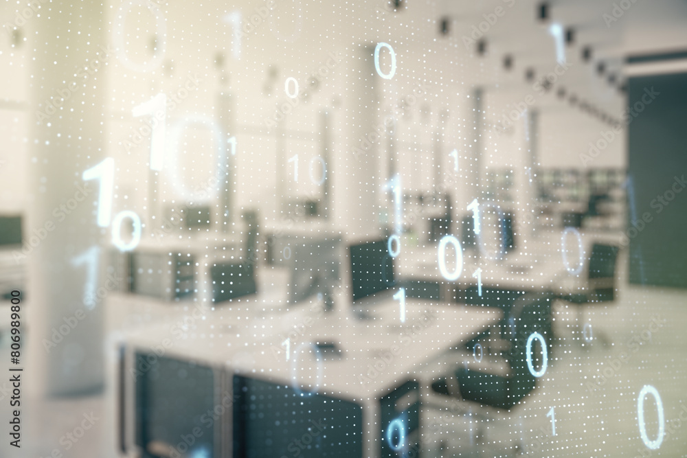 Poster abstract virtual binary code sketch on a modern furnished office interior background, hacking and ma