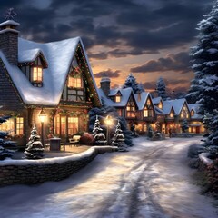 Christmas night in the village. Christmas and New Year holidays concept.