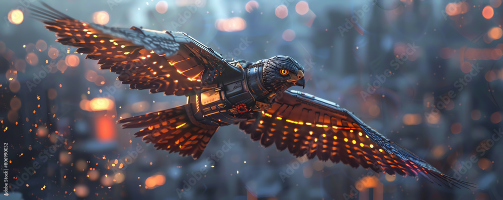 Poster capture a dynamic image of a metallic falcon soaring over a cityscape at twilight, its robotic feath