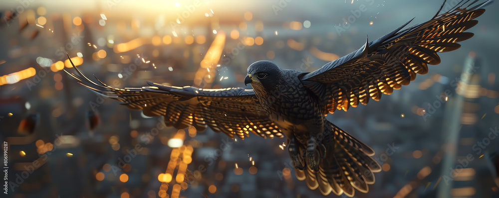 Aufkleber capture a dynamic image of a metallic falcon soaring over a cityscape at twilight, its robotic feath