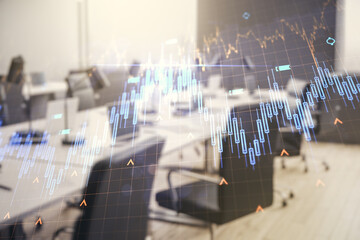 Double exposure of abstract creative financial diagram and world map on a modern furnished office...