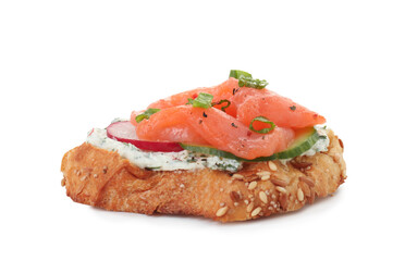 Tasty canape with salmon, cucumber, radish and cream cheese isolated on white