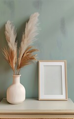 white mockup frame on the table, a beige vase with pampas grass nearby
