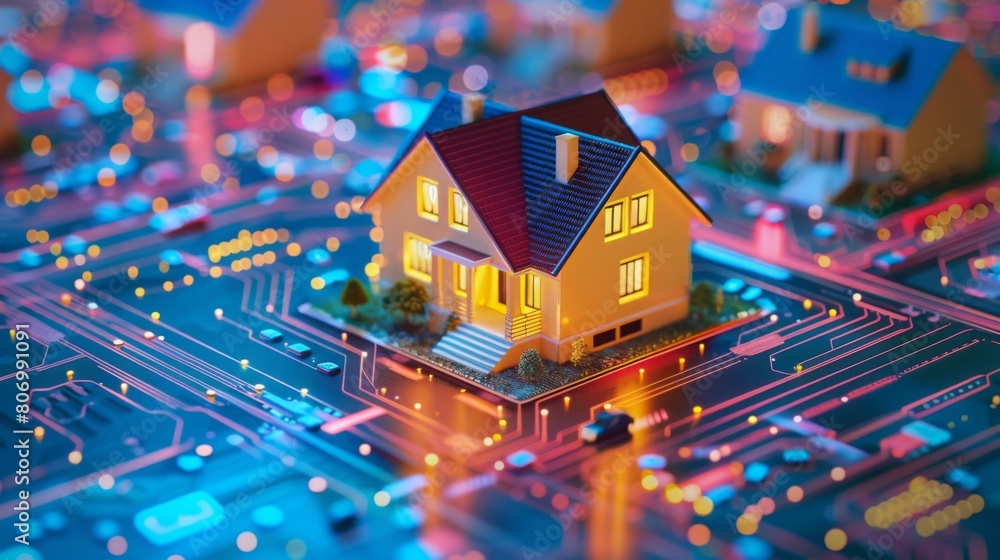 Poster a miniature house model placed on top of a complex circuit board, showcasing the combination of tech